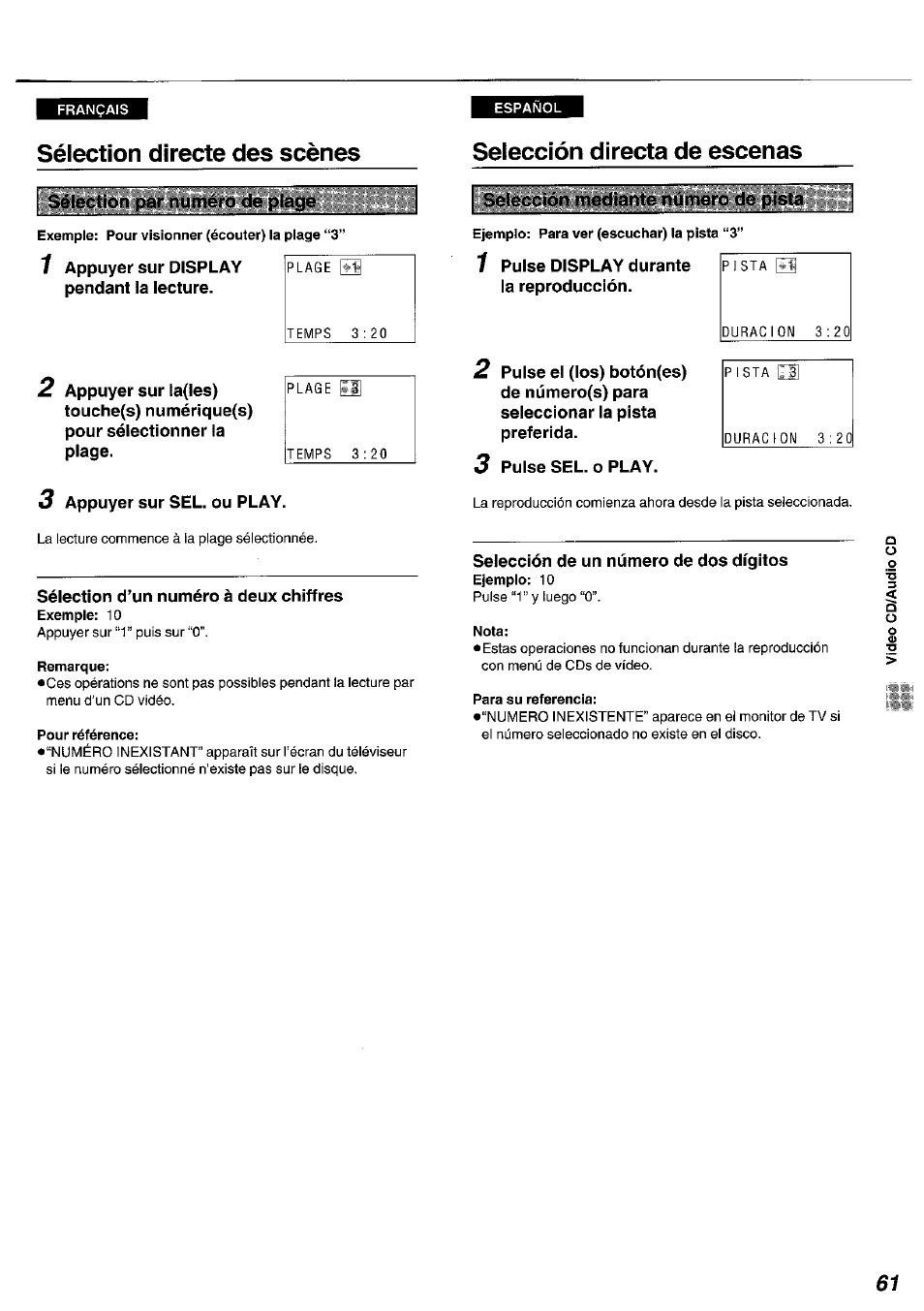 Sélection directe des scènes, Selección directa de escenas, 3 appuyer sur sel. ou play | Sélection d’un numéro à deux chiffres, Remarque, Pour référence, Selección de un número de dos dígitos, Nota, Para su referencia | Panasonic DVDA100 User Manual | Page 61 / 96