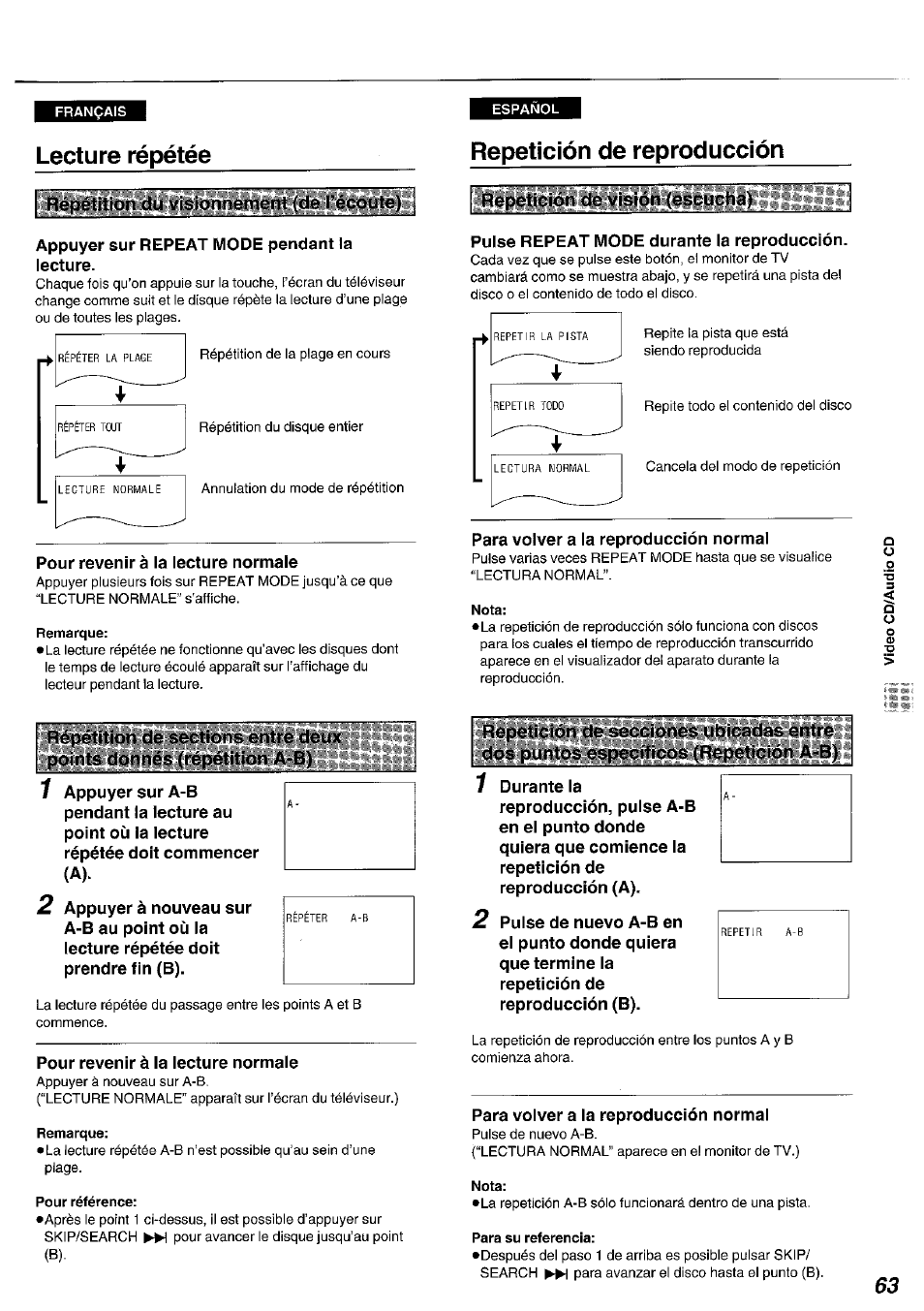 Remarque, Repetición de reproducción, Nota | Pour référence, Lecture répétée, Repetición (fe visión (escuçha) | Panasonic DVDA100 User Manual | Page 63 / 96