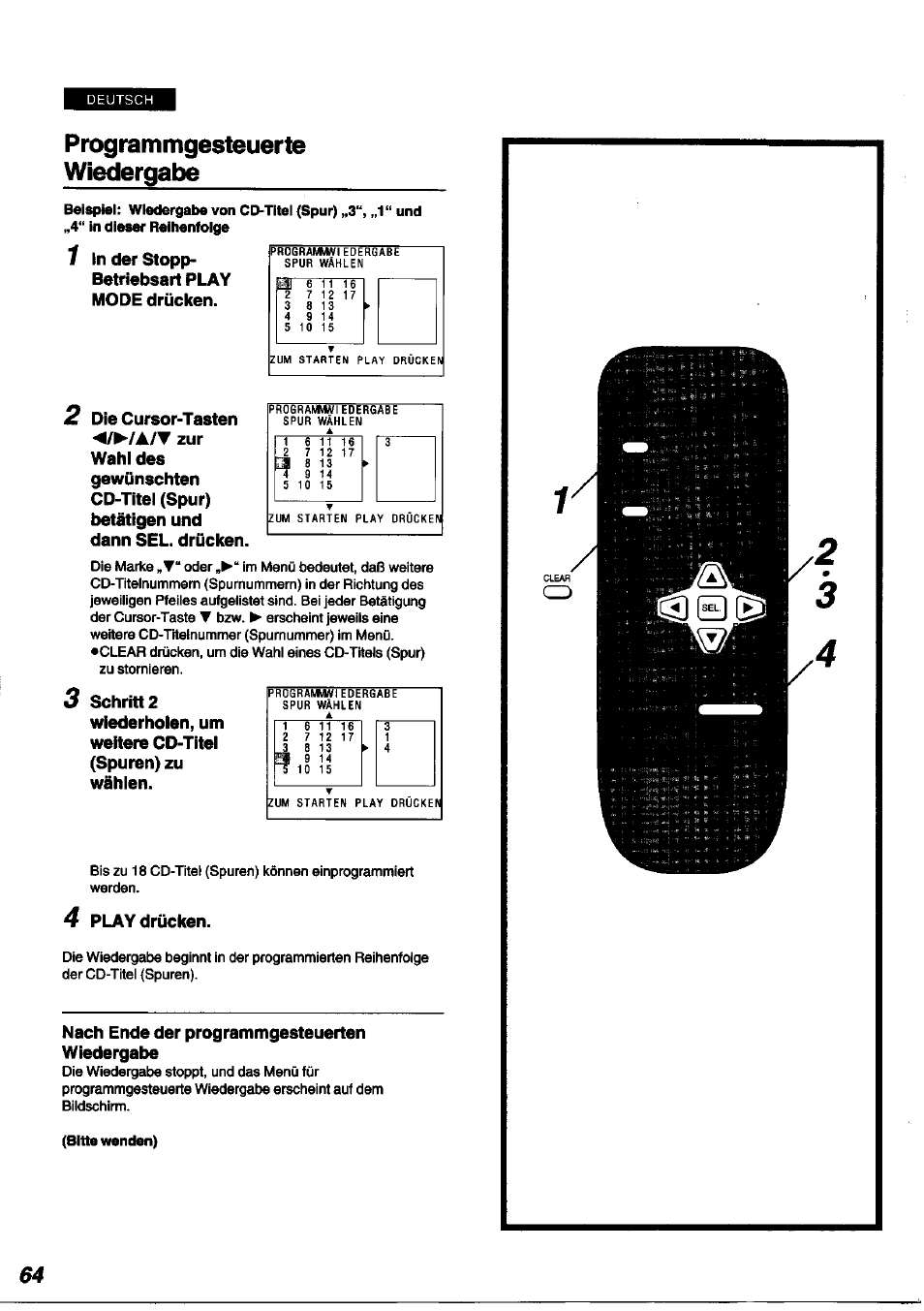 Programmgesteuerte wiedergabe, Playdrocton, Nach ende der programmgesteuerten wiedergabe | Panasonic DVDA100 User Manual | Page 64 / 96