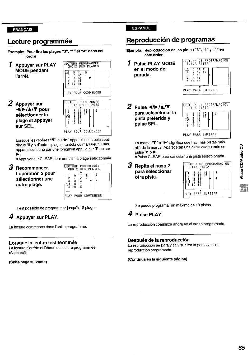 Lecture programmée, Reproducción de programas | Panasonic DVDA100 User Manual | Page 65 / 96