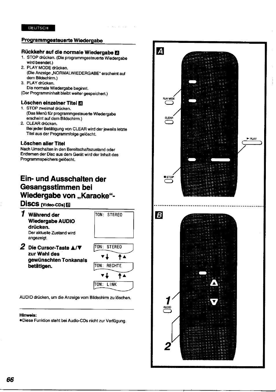 Ein- und ausschalten der gesangsstimmen, Bei wiedergabe von „karaoke“-discs, Video-cds | Panasonic DVDA100 User Manual | Page 66 / 96