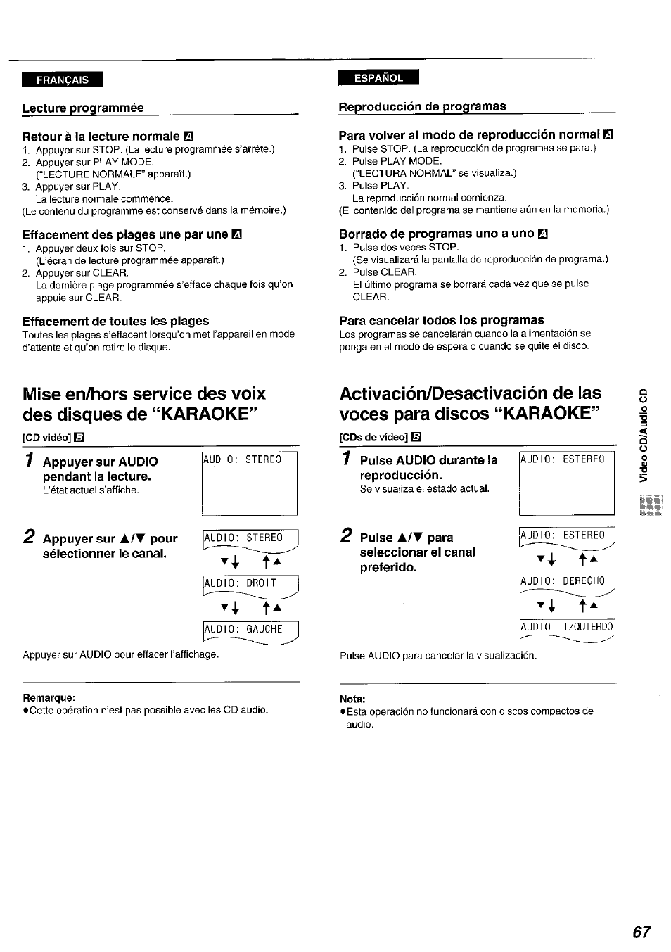 Retour à la lecture normale el, Effacement des plages une par une el, Effacement de toutes les plages | Reproducción de programas, Para volver al modo de reproducción normal el, Borrado de programas uno a uno el, Para cancelar todos los programas, Audio: droit, Mise en/hors service des voix des disques, De “karaoke | Panasonic DVDA100 User Manual | Page 67 / 96