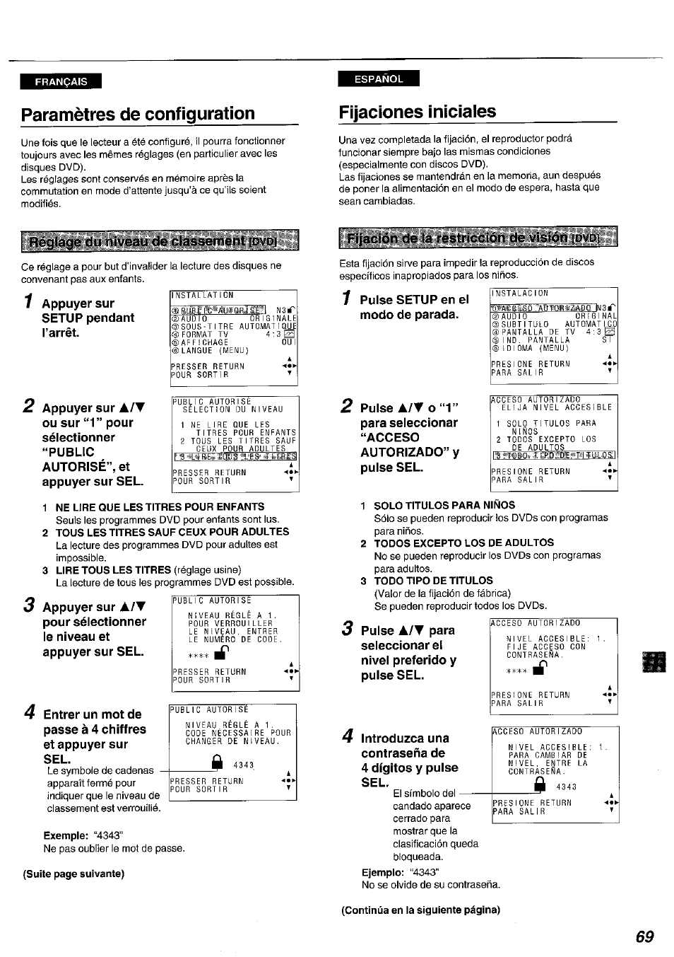 Paramètres de configuration, Fijaciones iniciales, Ne lire que les titres pour enfants | 2 tous les titres sauf ceux pour adultes, Solo titulos para niños, Todos excepto los de adultos, Todo tipo de titulos, F g *l4 | Panasonic DVDA100 User Manual | Page 69 / 96