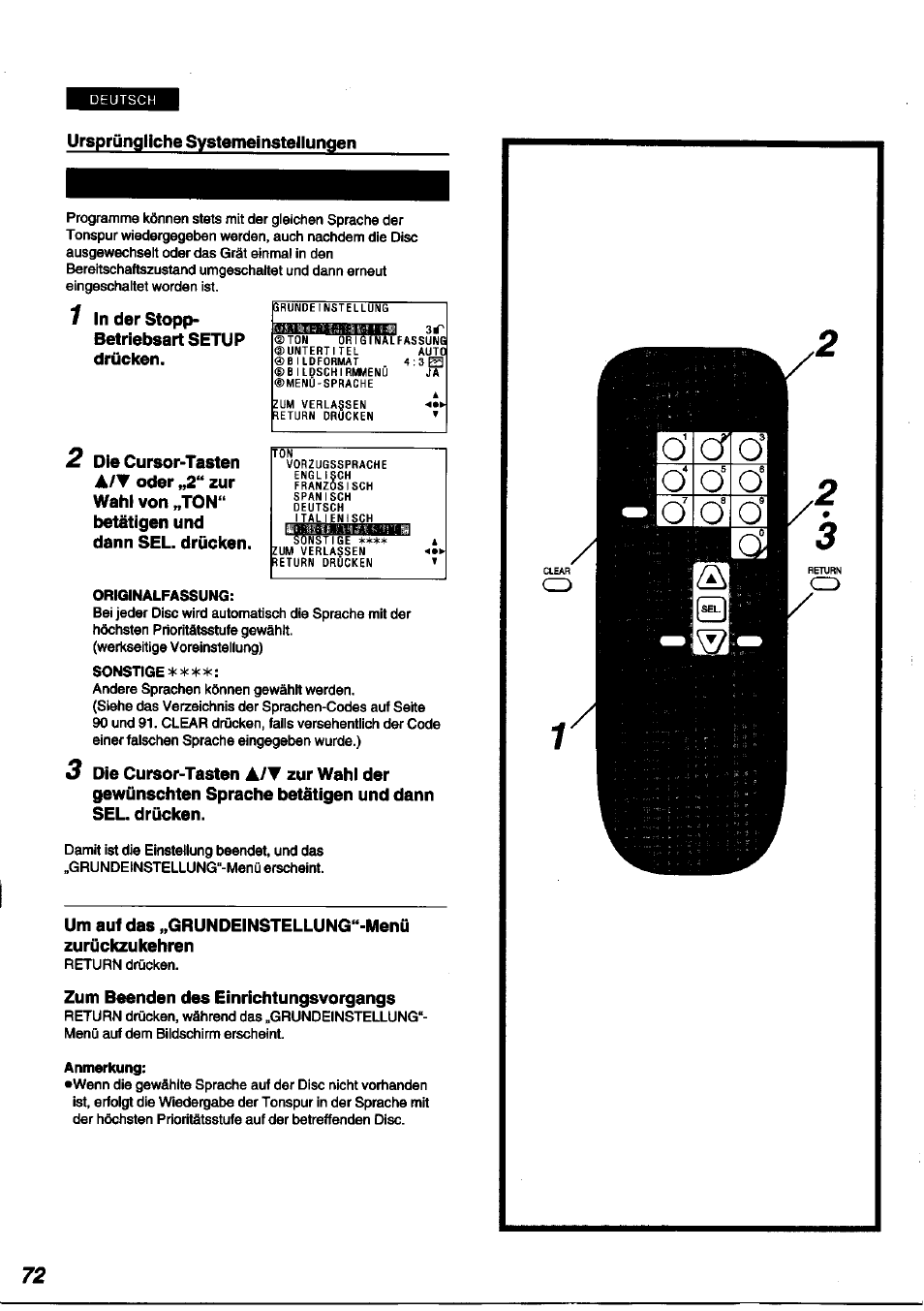 Ursprüngliche systemeinstellungen, Zum beenden des einrichtungsvorgangs | Panasonic DVDA100 User Manual | Page 72 / 96