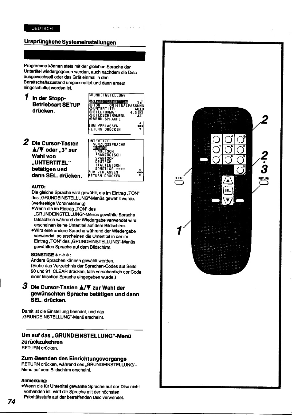 Ursprüngliche systemeinstellungen, Um auf das „grundeinstellung“-menü zurückzukehren, Zum beenden des einrichtungsvorgangs | Panasonic DVDA100 User Manual | Page 74 / 96