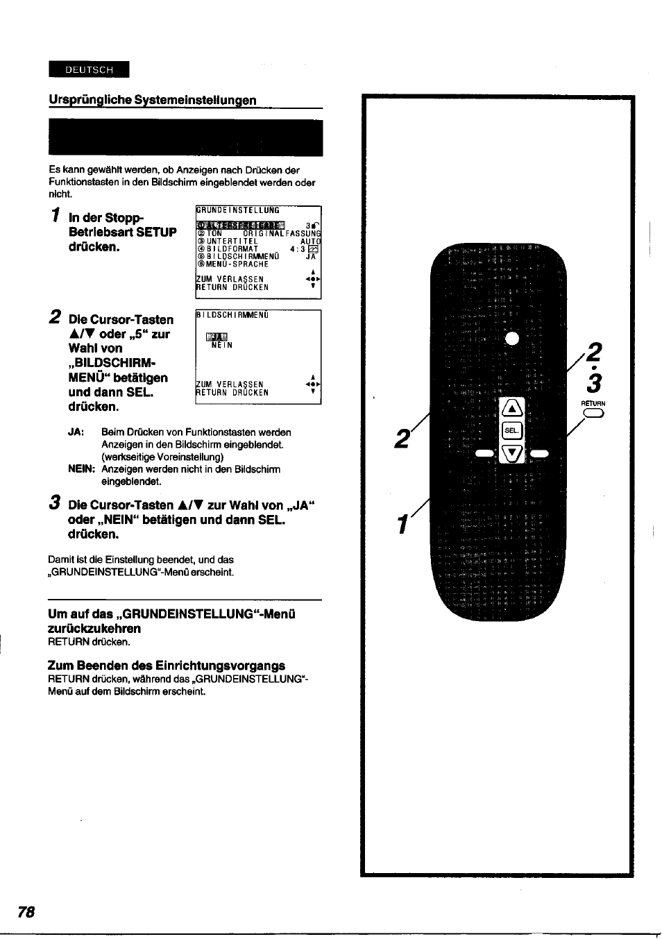 Ursprüngliche systemeinstellungen, Zum beenden des einrichtungsvorgangs | Panasonic DVDA100 User Manual | Page 78 / 96