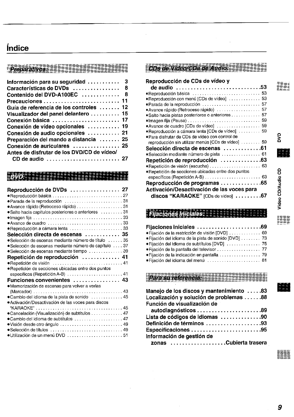 Indice | Panasonic DVDA100 User Manual | Page 9 / 96