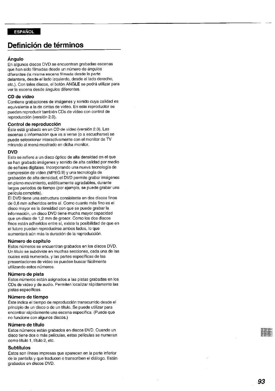 Definición de términos, Ángulo, Cd de vídeo | Control de reproducción, Número de capítulo, Número de pista, Número de tiempo, Número de título, Subtítulos | Panasonic DVDA100 User Manual | Page 93 / 96