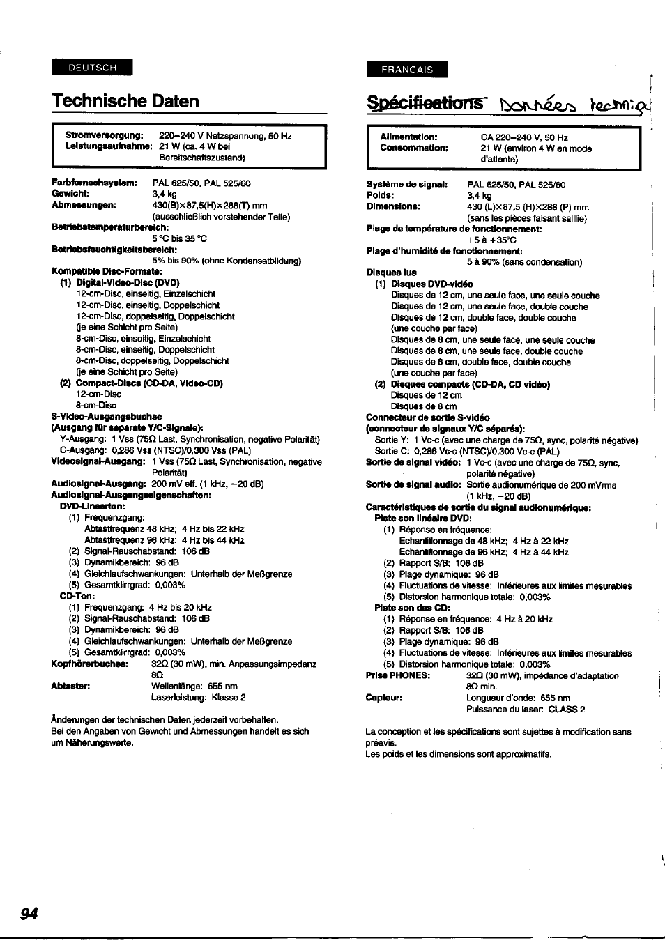 Gpécifiotrtions, Technische daten | Panasonic DVDA100 User Manual | Page 94 / 96