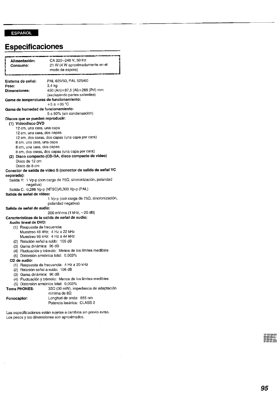 Especificaciones | Panasonic DVDA100 User Manual | Page 95 / 96