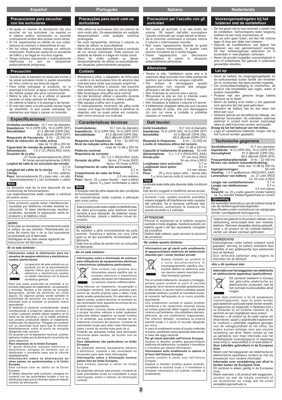 Español português italiano, Especifi caciones, Características técnicas | Dati tecnici, Nederlands, Technische gegevens | Panasonic RPHC30 User Manual | Page 2 / 8