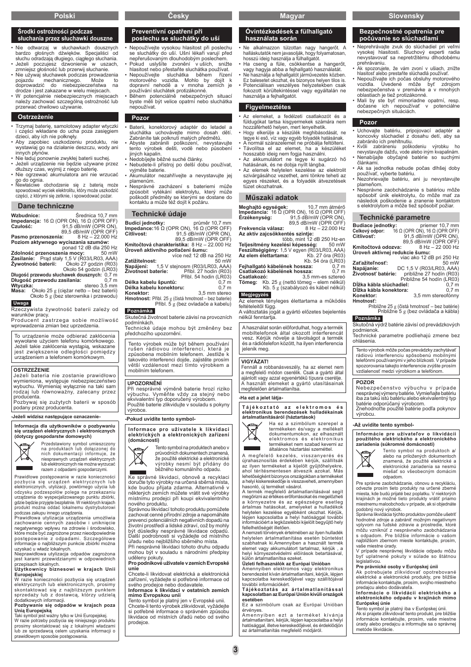 Polski česky magyar slovensky, Technické parametre, Dane techniczne | Technické údaje, Műszaki adatok | Panasonic RPHC30 User Manual | Page 3 / 8