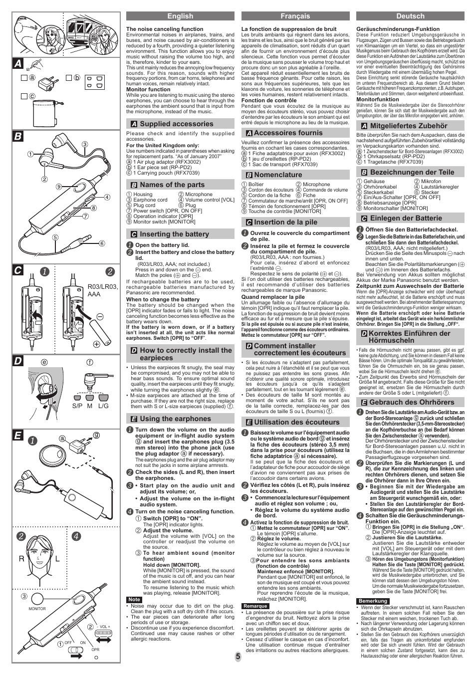 Français deutsch english, Supplied accessories, Names of the parts | Inserting the battery, How to correctly install the earpieces, Using the earphones, Accessoires fournis, Nomenclature, Insertion de la pile, Comment installer correctement les écouteurs | Panasonic RPHC30 User Manual | Page 5 / 8