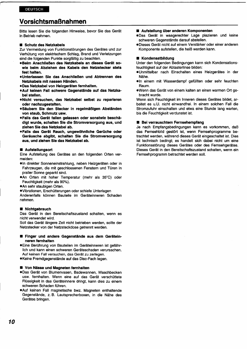 Vorsichtsmaßnahmen | Panasonic DVDA350 User Manual | Page 10 / 96