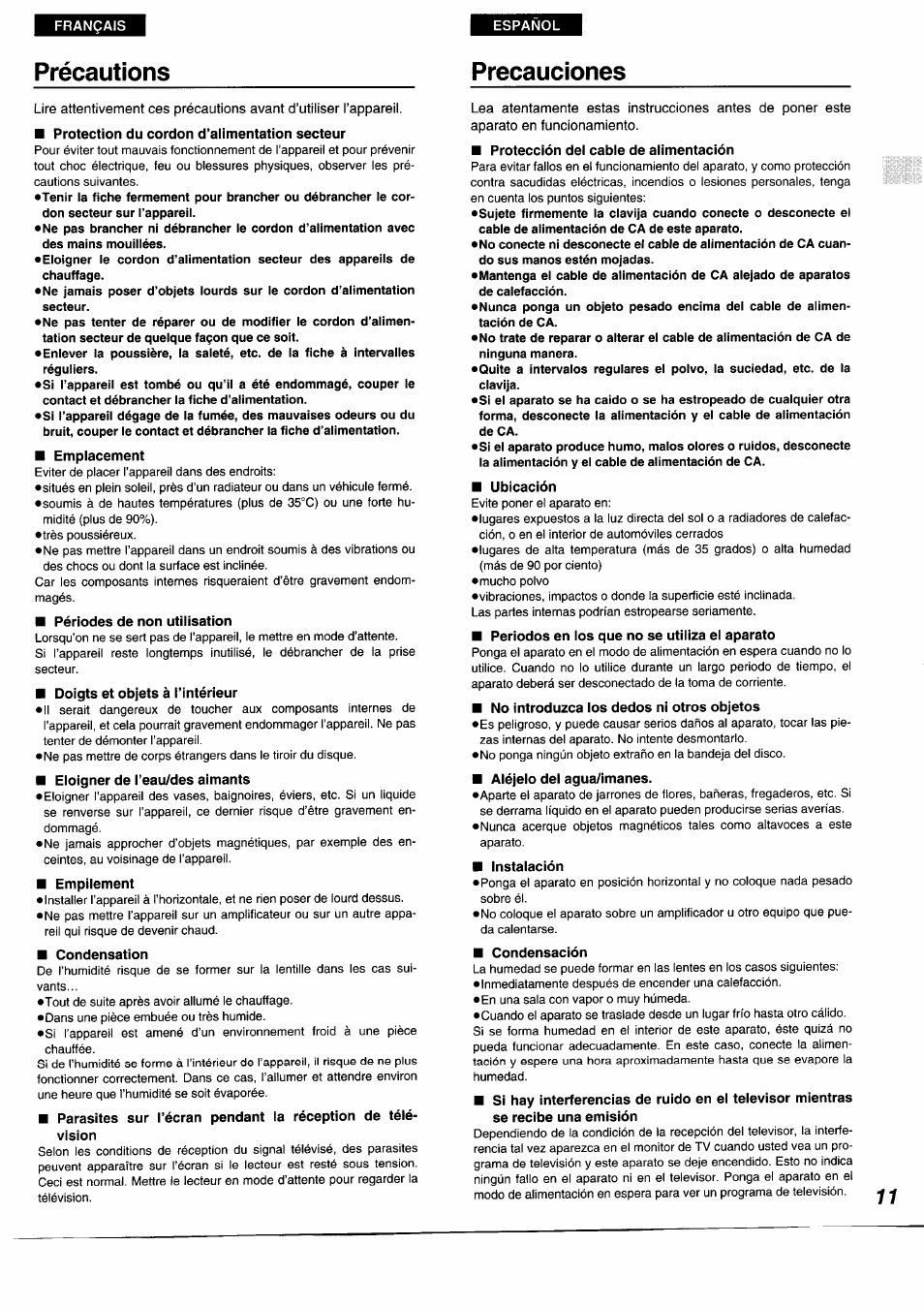 Precauciones, Précautions precauciones | Panasonic DVDA350 User Manual | Page 11 / 96