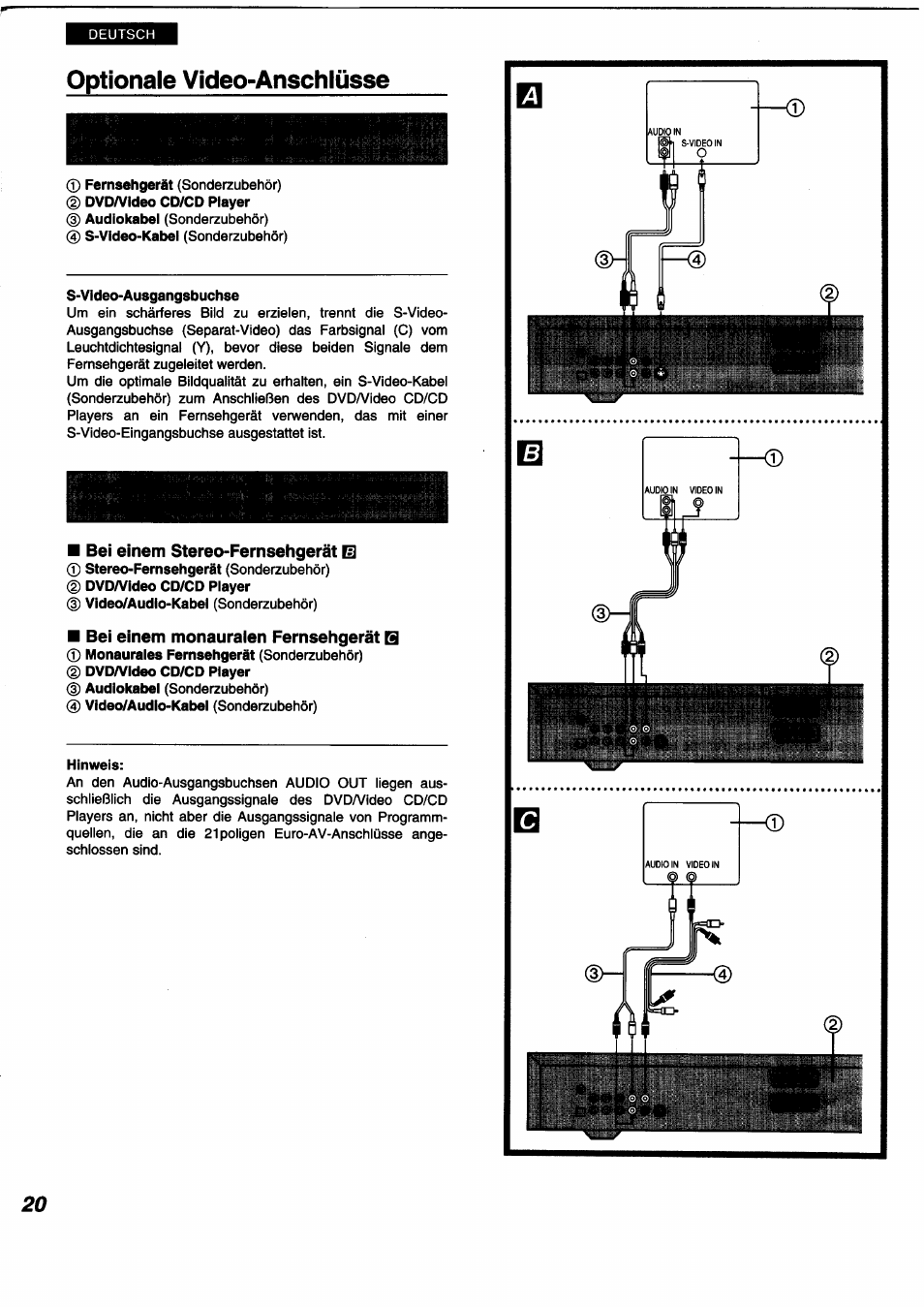 Optionale video-anschlüsse | Panasonic DVDA350 User Manual | Page 20 / 96