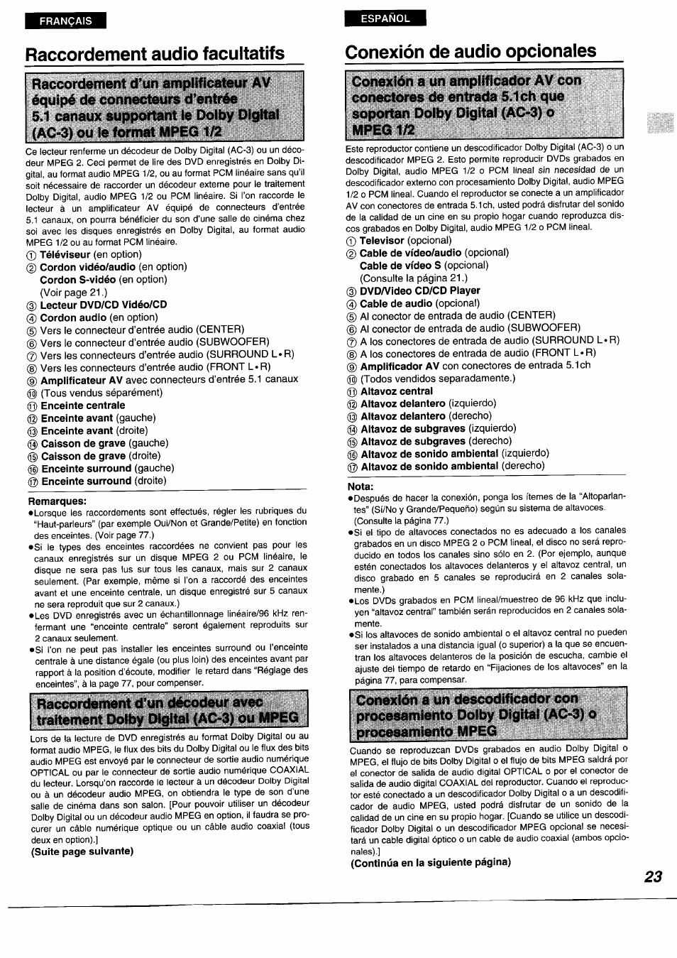 Raccordement audio facultatifs, Conexión de audio opcionales, Raccordements audio facultatifs | Panasonic DVDA350 User Manual | Page 23 / 96