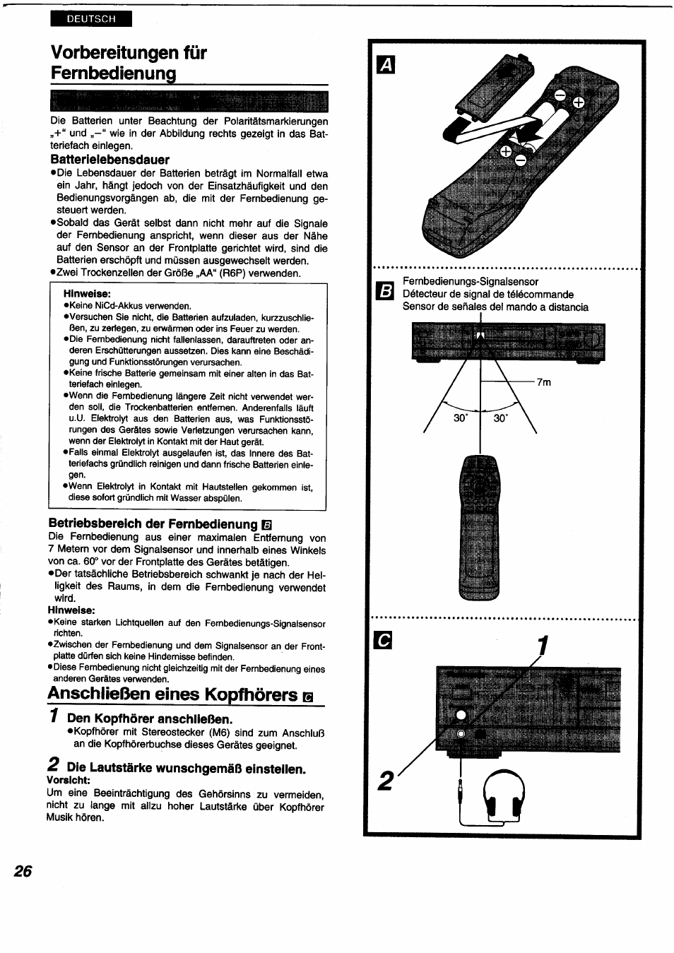 Vorbereitungen für fernbedienung, Anschiießen eines kopfhörers b, Anschiießen eines kopfhörers | Panasonic DVDA350 User Manual | Page 26 / 96