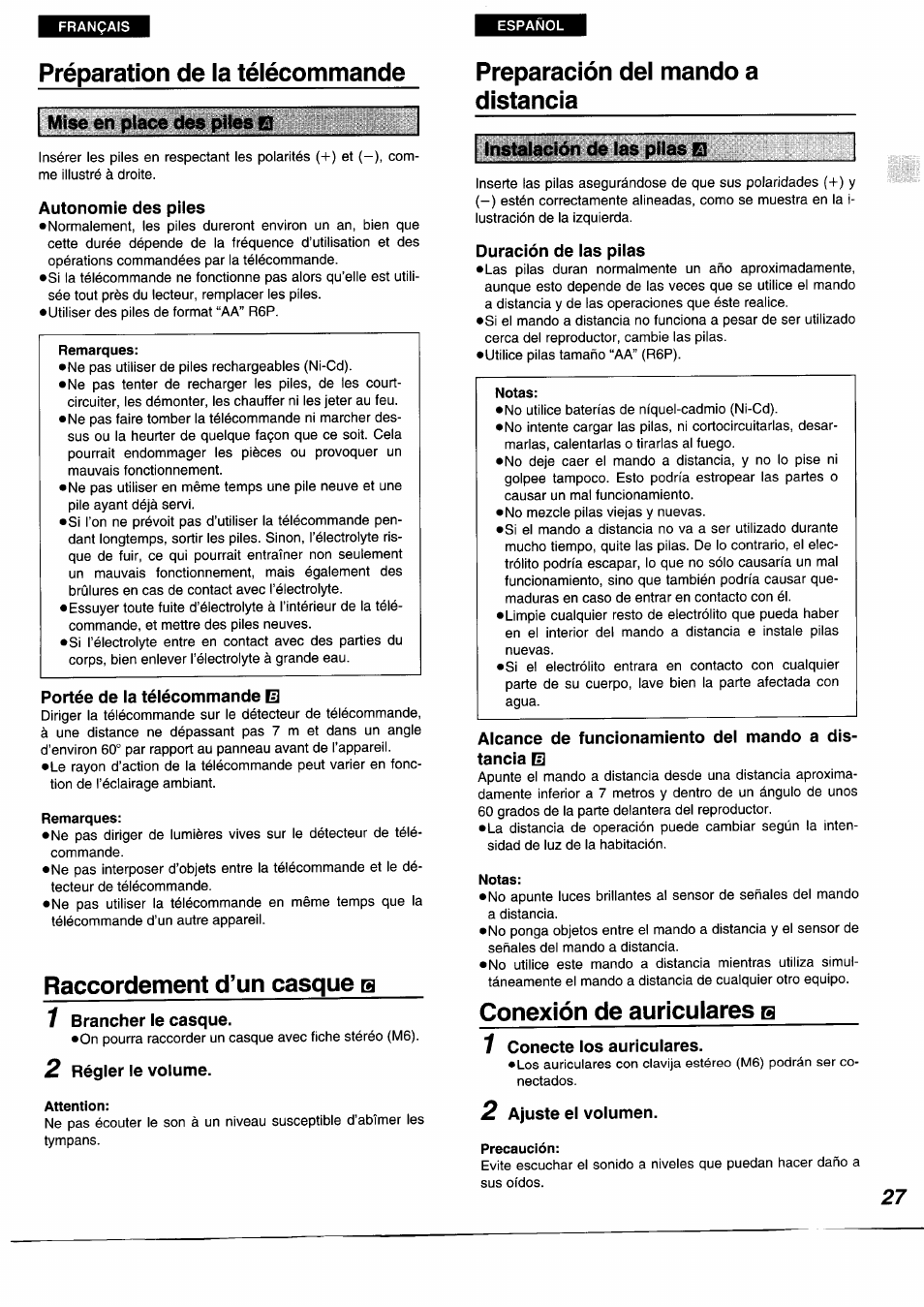 Préparation de la télécommande, Autonomie des piles, Portée de la télécommande e | Remarques, Raccordement d’un casque b, 7 brancher le casque, 2 régler le volume, Attention, Preparación del mando a distancia, Duración de las pilas | Panasonic DVDA350 User Manual | Page 27 / 96