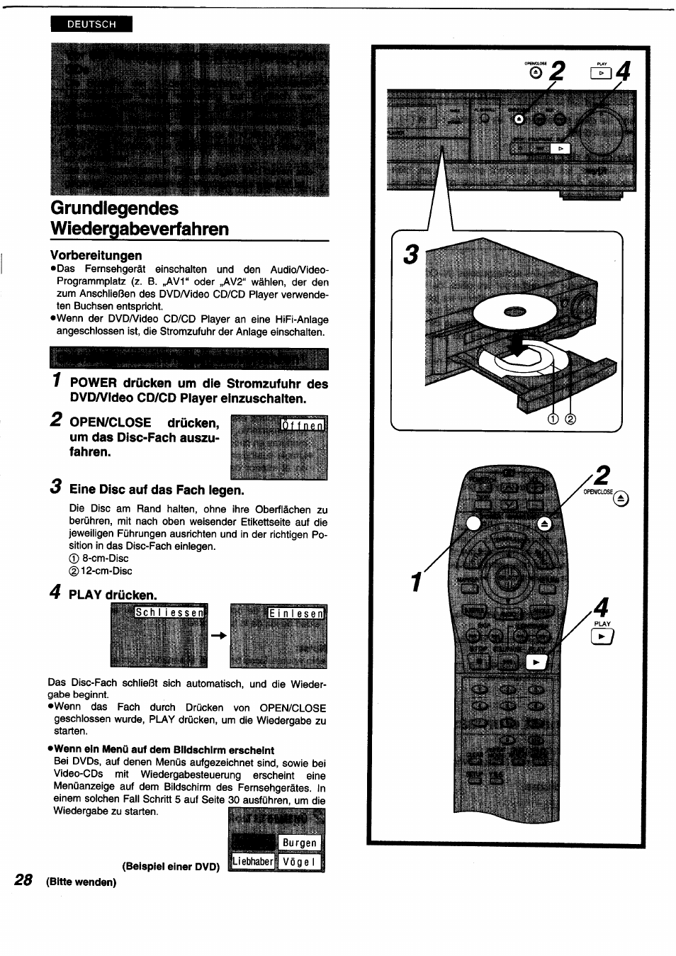 Grundlegendes, Wiedergabeverffahren, Grundlegendes wiedergabeverffahren | Panasonic DVDA350 User Manual | Page 28 / 96