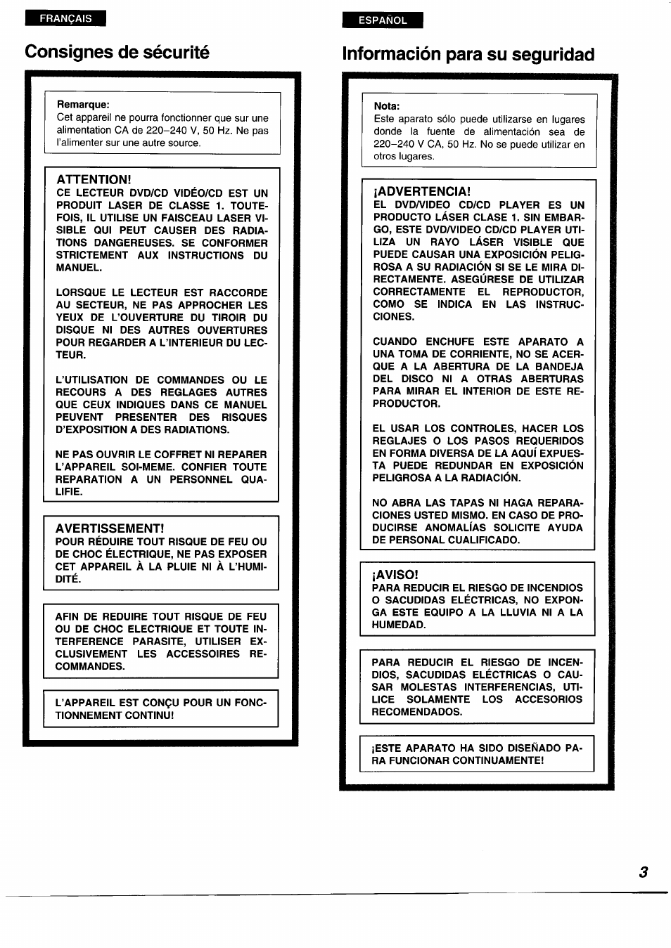 Consignes de sécurité, Información para su seguridad, Attention | Avertissement, Advertencia, Aviso | Panasonic DVDA350 User Manual | Page 3 / 96