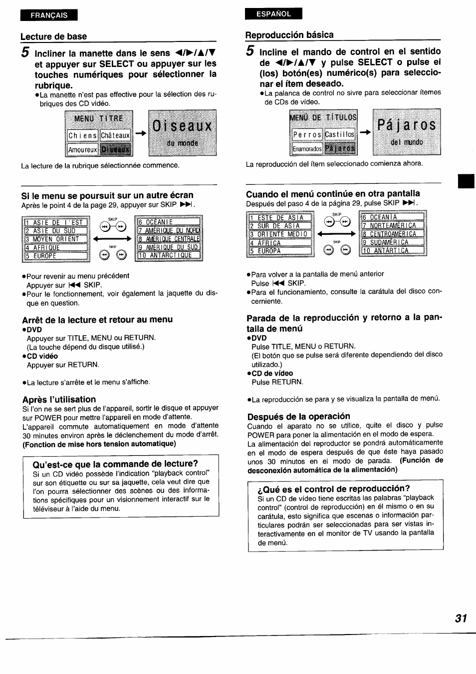 Oi seaux, Pájaros | Panasonic DVDA350 User Manual | Page 31 / 96