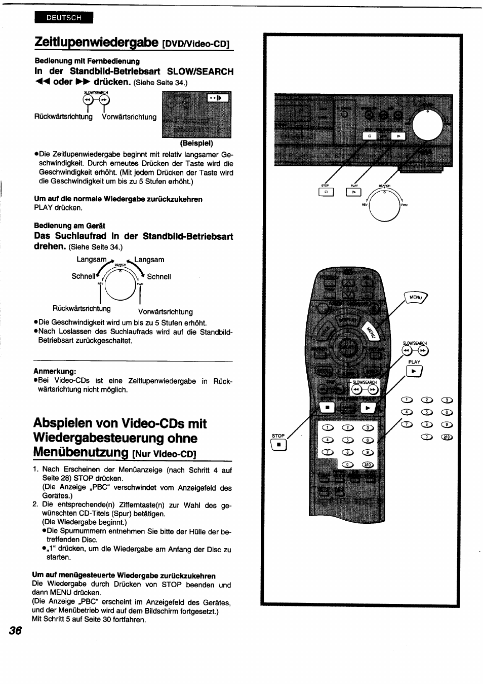 Zeitlupenwiedergabe [pyp/video-cp, Zeitlupenwiedergabe, Pyp/video-cp | Oder drücken, Menübenutzung [nur vldeo-cp | Panasonic DVDA350 User Manual | Page 36 / 96