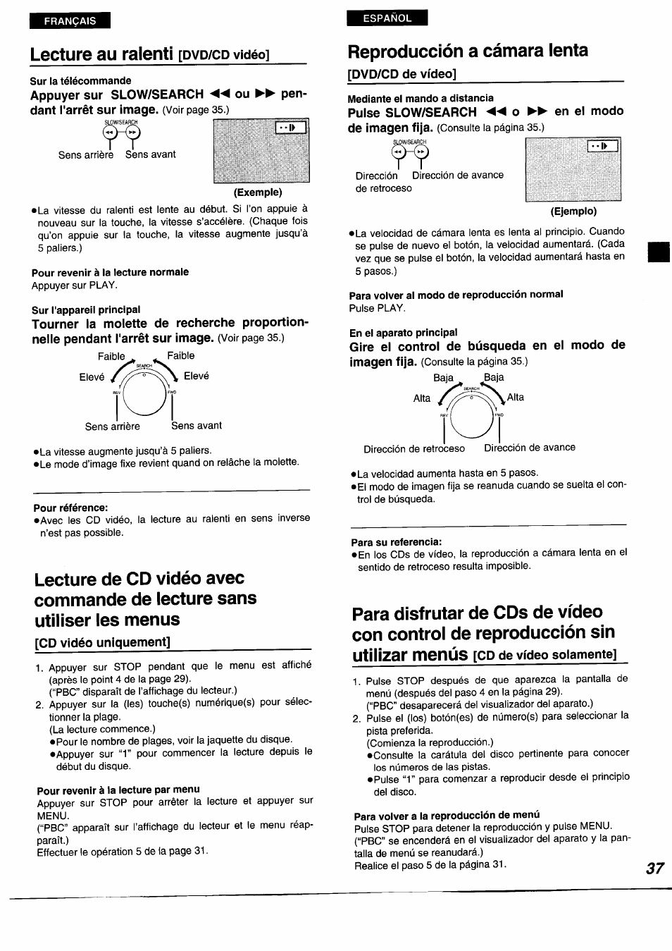 Lecture au ralenti [dvd/cd vidéo, Sur la télécommande, Exemple) | Pour revenir à la lecture normale, Sur l'appareil principal, Pour référence, Cd vidéo uniquement, Pour revenir à la lecture par menu, Reproducción a cámara lenta, Dvd/cd de video | Panasonic DVDA350 User Manual | Page 37 / 96