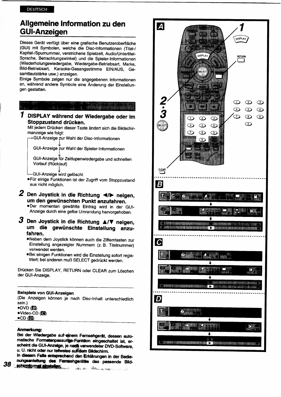 Allgemeine information zu den gui-anzeigen, Anmerkung, Allgemeine information zu den gui | Anzeigen | Panasonic DVDA350 User Manual | Page 38 / 96