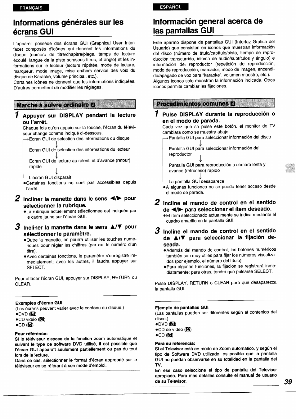 Informations générales sur les écrans gui, Información general acerca de las pantallas gui, Marche à suivre ordinaire b procedimientos comunes | Panasonic DVDA350 User Manual | Page 39 / 96