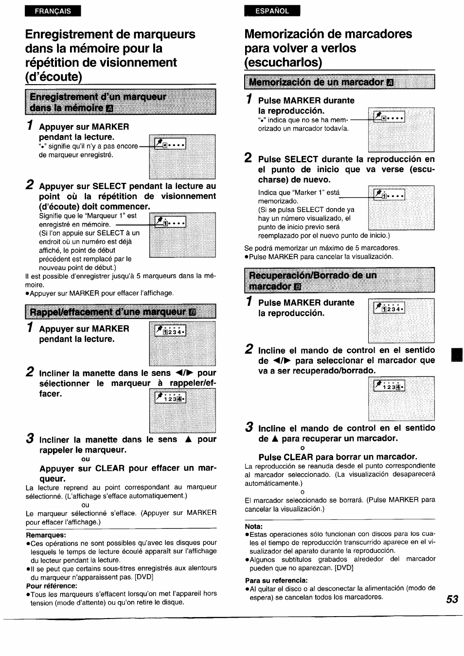 Enregistrement d'un marqueur dans la mémoire q, Rappel/effacement d'une marqueur, Recuperación/borrado de un marcador | Panasonic DVDA350 User Manual | Page 53 / 96