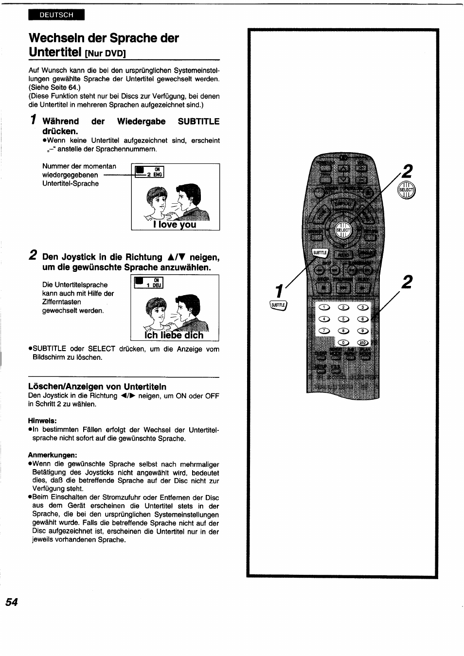 Wechseln der sprache der untertitel [nur dvd | Panasonic DVDA350 User Manual | Page 54 / 96