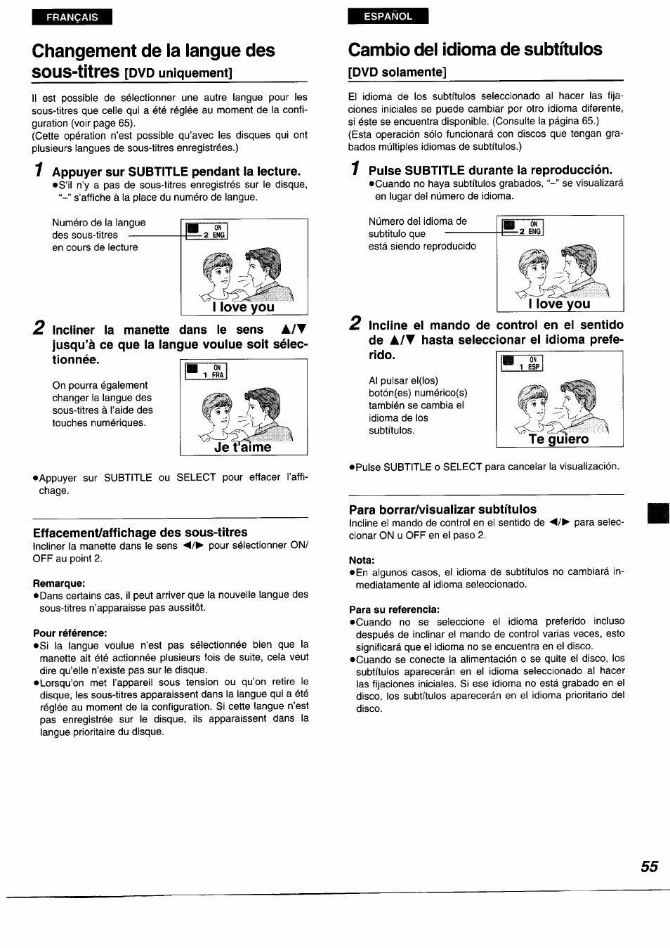 Changement de la langue des, Sous-titres [dvd uniquement, Appuyer sur subtitle pendant la lecture | Effacement/affichage des sous-titres, Remarque, Pour référence, Cambio del idioma de subtítulos, Dvd solamente, Pulse subtitle durante la reproducción, Para borrar/visualizar subtítulos | Panasonic DVDA350 User Manual | Page 55 / 96