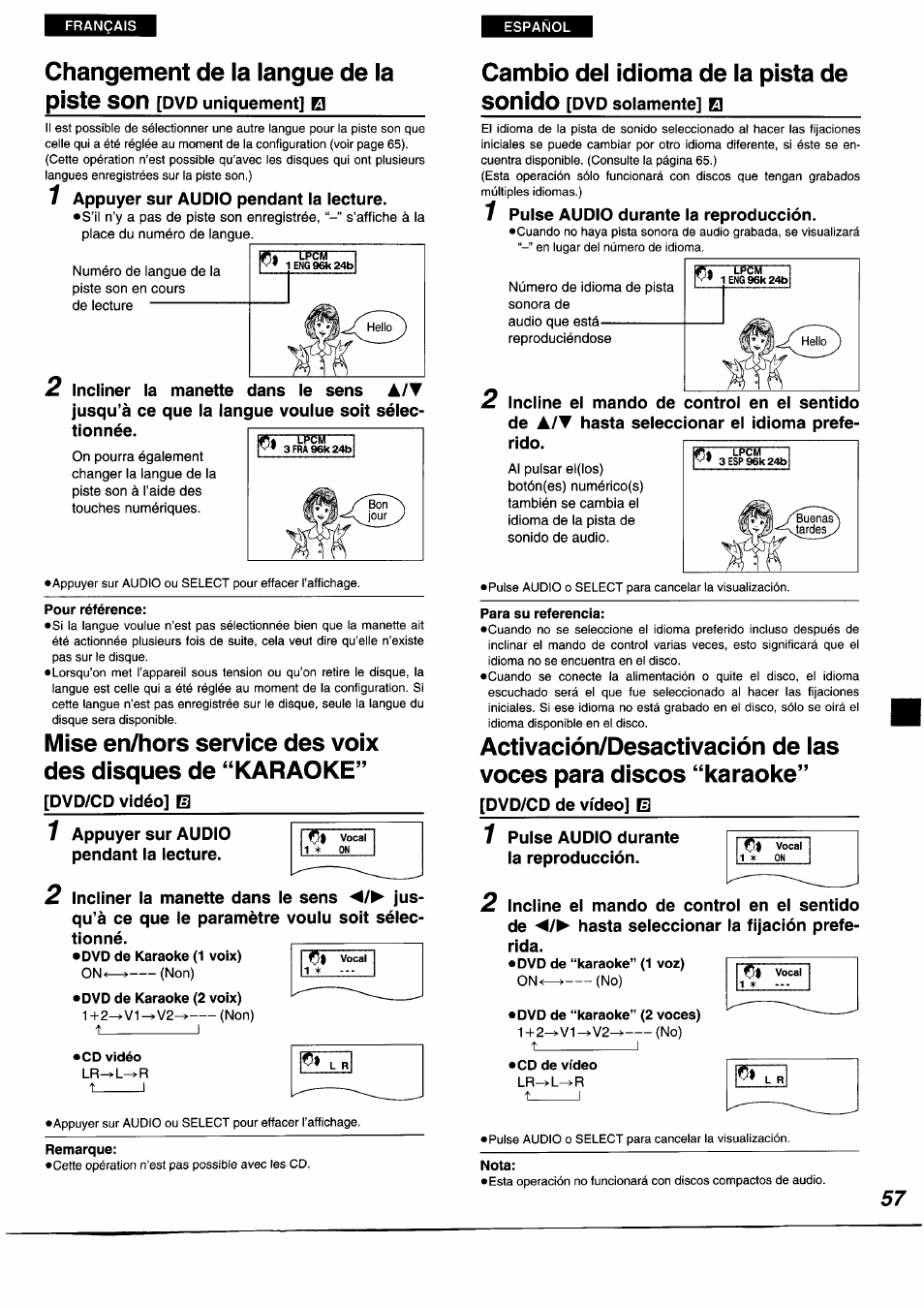 Changement de la langue de la, Pour référence, Cd vidéo | Remarque, Cambio dei idioma de ia pista de, Para su referencia, Dvd de “karaoke” (2 voces) | Panasonic DVDA350 User Manual | Page 57 / 96