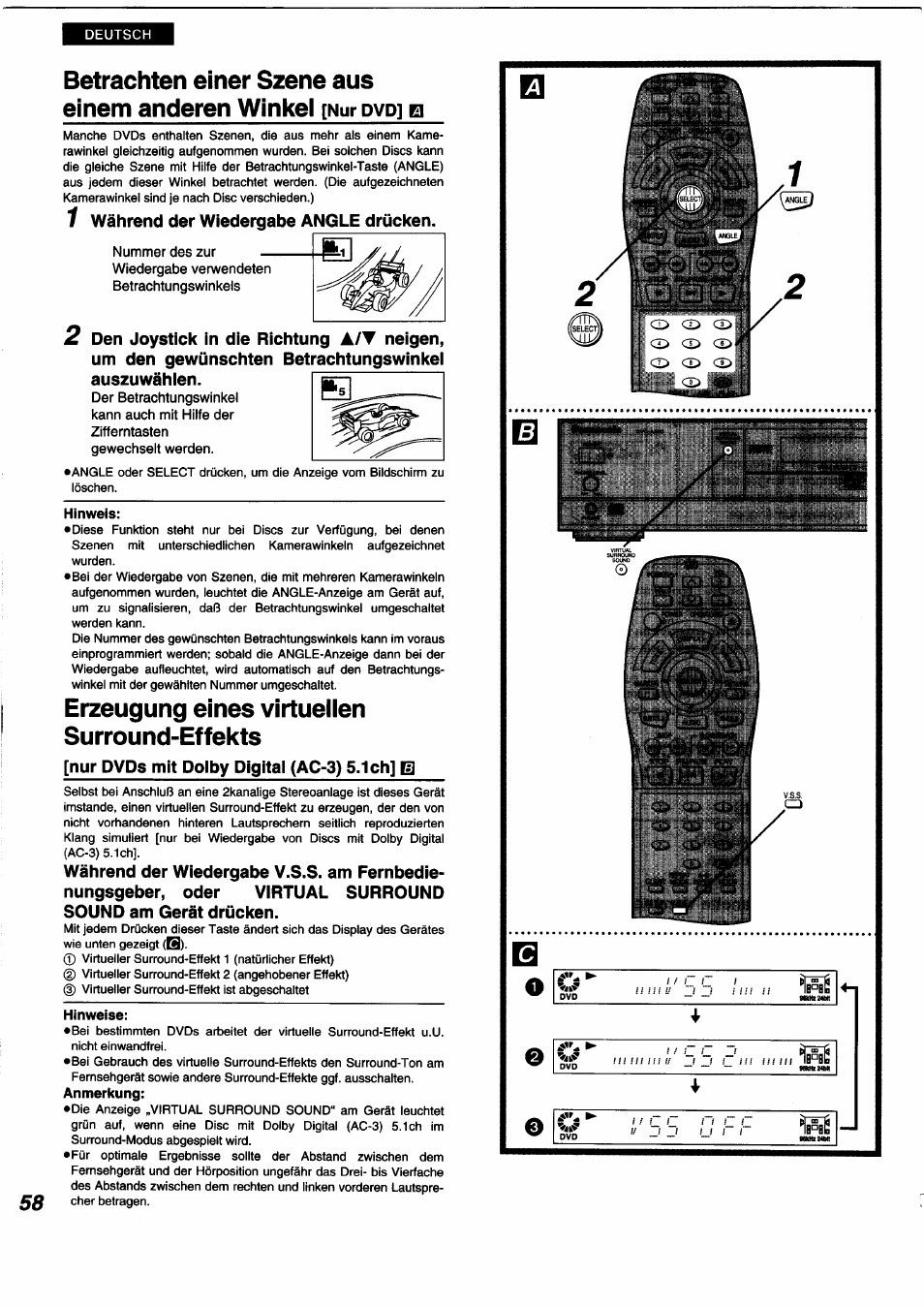 Erzeugung eines virtuellen surround-effekts, Betrachten einer szene aus einem anderen winkel, I während der wiedergabe angle drücken | Nur dvds mit dolby digital (ac-3) 5.1 ch] b | Panasonic DVDA350 User Manual | Page 58 / 96