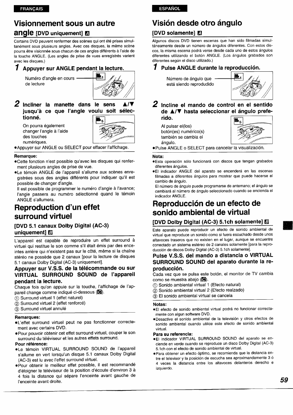 Visionnement sous un autre, Reproduction d’un effet surround virtuel, Remarques | Visión desde otro ángulo | Panasonic DVDA350 User Manual | Page 59 / 96