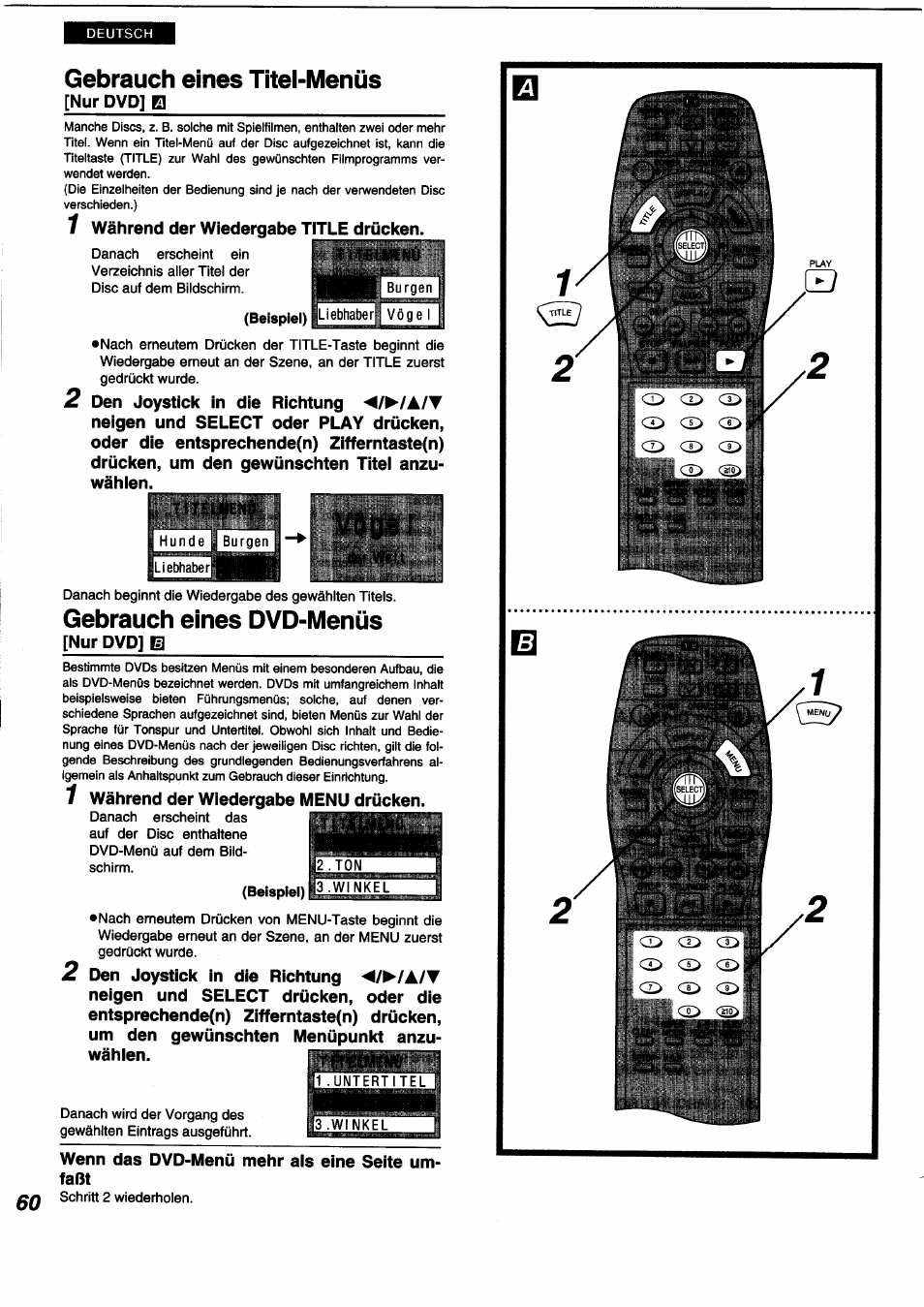 Gebrauch eines titel-menüs, Gebrauch eines dvd-menüs | Panasonic DVDA350 User Manual | Page 60 / 96