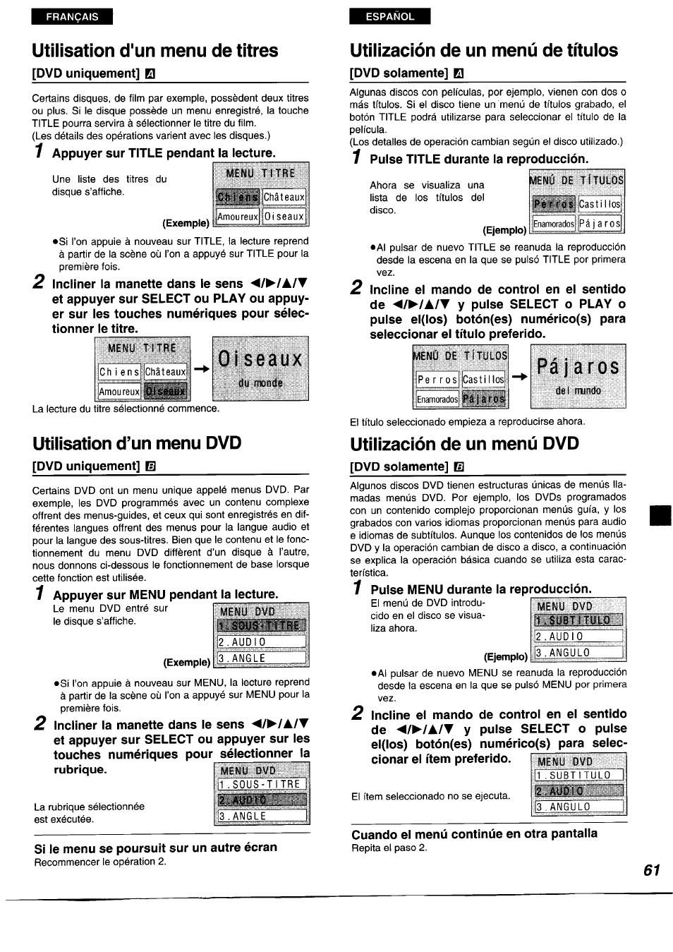 Utilisation d'un menu de titres, Exemple), Utilisation d’un menu dvd | 2 . aud.10, Utilización de un menú de títulos, Utilización de un menú dvd, Ejemplo) | Panasonic DVDA350 User Manual | Page 61 / 96