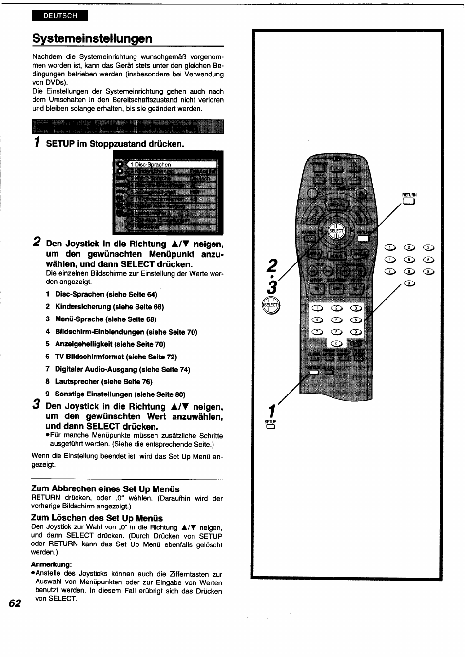 Systemeinsteüungen, Systemeinstellungen, B b f | Panasonic DVDA350 User Manual | Page 62 / 96