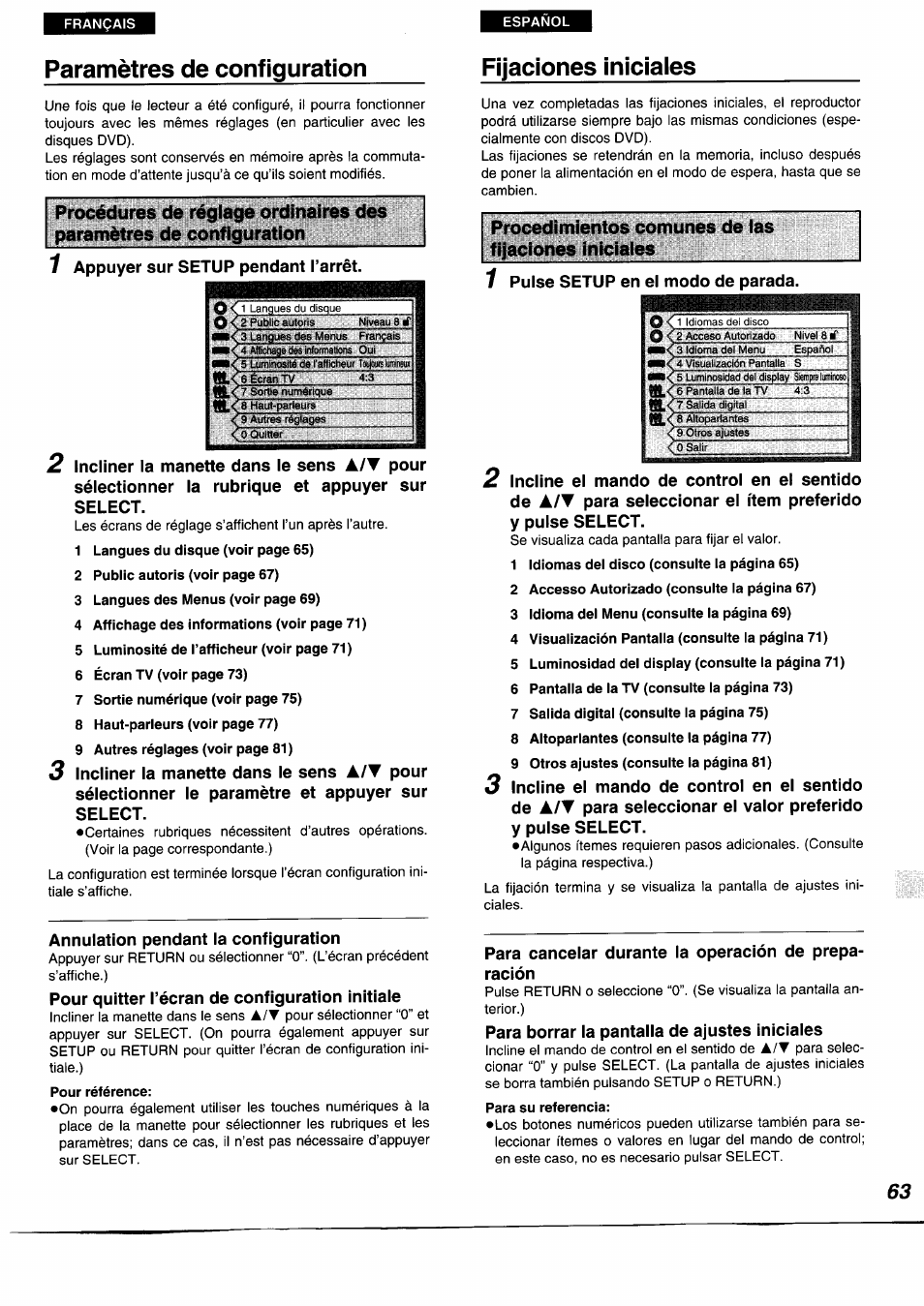 Paramètres de configuration, Fijaciones iniciales, Procedimientos comunes de las fijaciones iniciales | Panasonic DVDA350 User Manual | Page 63 / 96