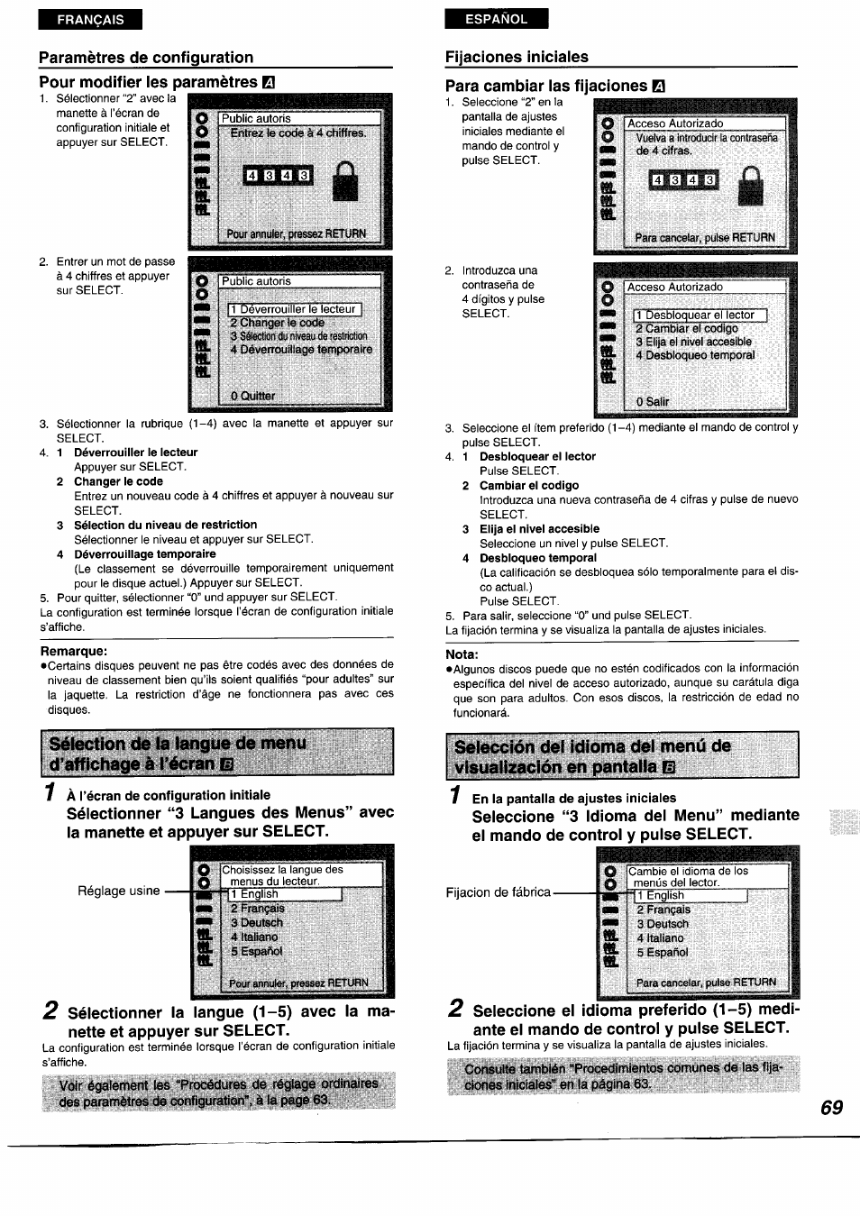 Pour modifier les paramètres q, Para cambiar las fijaciones, Remarque | Nota, 1 à l’écran de configuration initiaie, En ia pantaila de ajustes iniciales, Seleccione “3 idioma del menu” mediante, Ante el mando de control y pulse select, Visualización en pantalla eм | Panasonic DVDA350 User Manual | Page 69 / 96