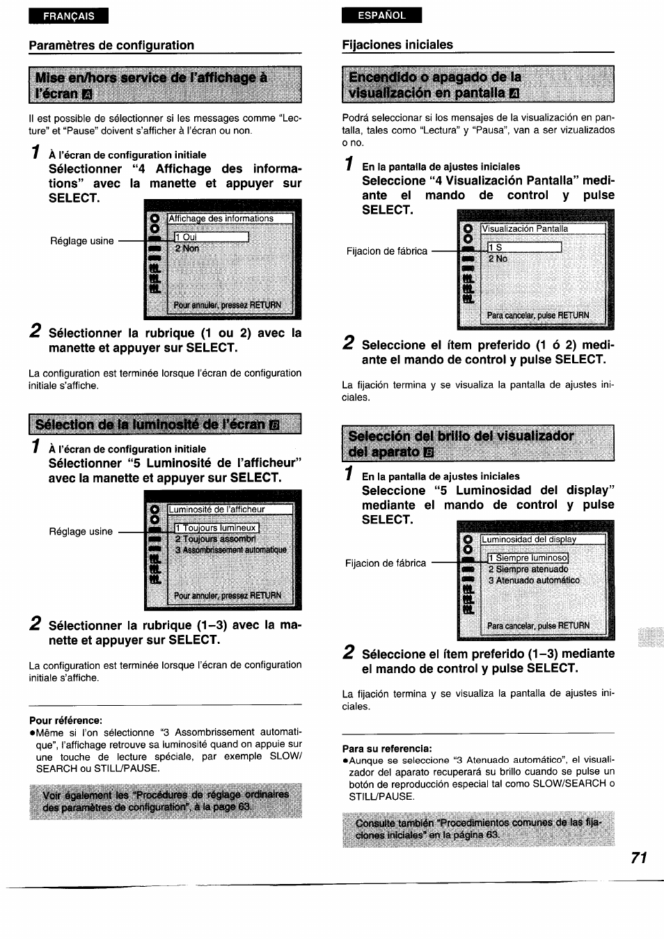 Sélection de la luminosité de l’écran | Panasonic DVDA350 User Manual | Page 71 / 96