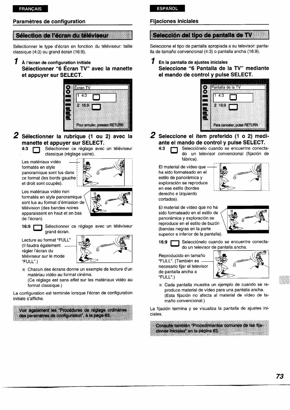 Sélection de l’écran du téléviseur, Selección del tipo de pantalla de tv | Panasonic DVDA350 User Manual | Page 73 / 96