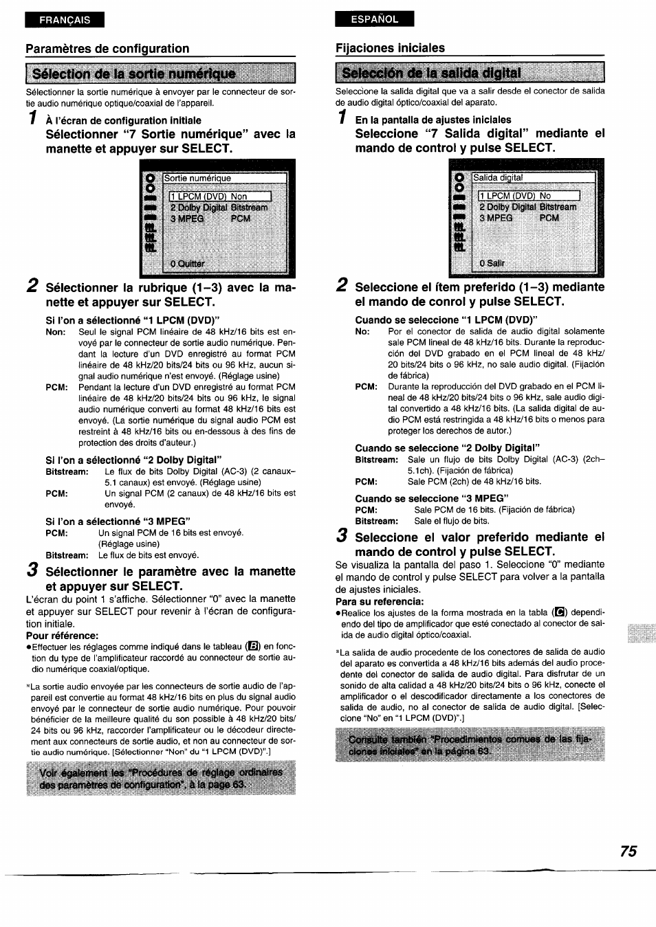 Sélection de la sortie numérique, Selección de la salida digital, O. fe | Paramètres de configuration, Nette et appuyer sur select | Panasonic DVDA350 User Manual | Page 75 / 96