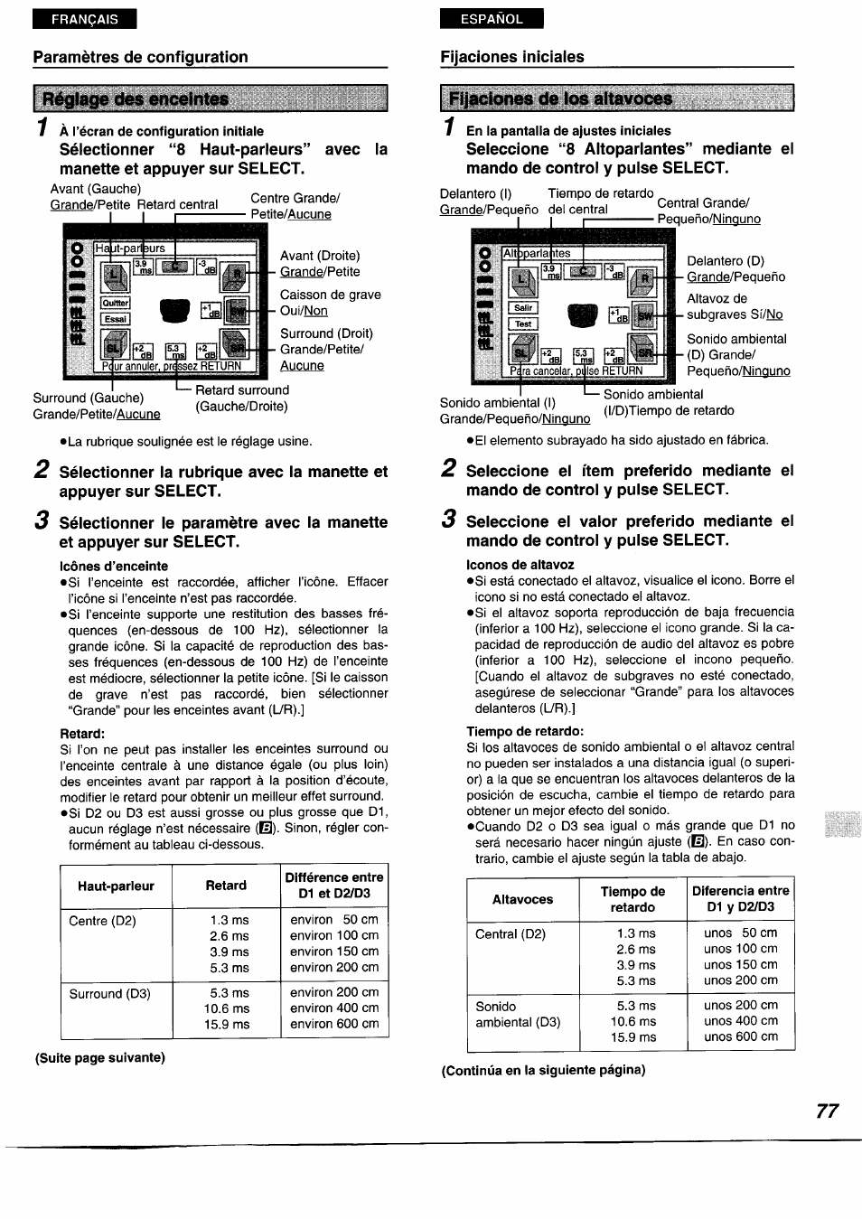 1 à l’écran de configuration initiaie, Icônes d’enceinte, Retard | 7 en la pantalla de ajustes iniciales, Iconos de altavoz, Réglage des enceintes, Fijaciones de ios aitavoces | Panasonic DVDA350 User Manual | Page 77 / 96