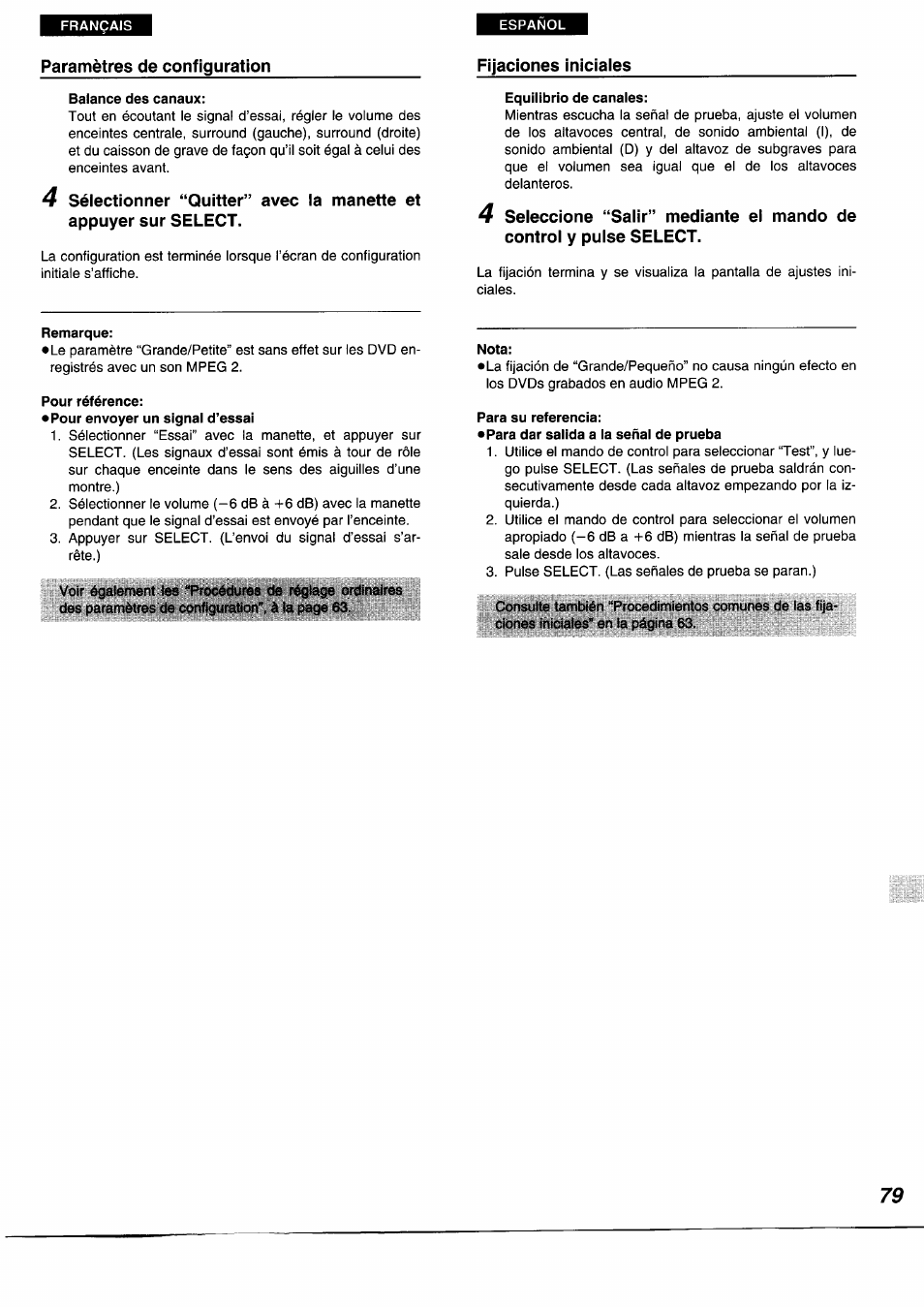 Balance des canaux, 4 sélectionner “quitter’ appuyer sur select, Equilibrio de canales | Remarque, Pour référence, Nota, Para su referencia | Panasonic DVDA350 User Manual | Page 79 / 96