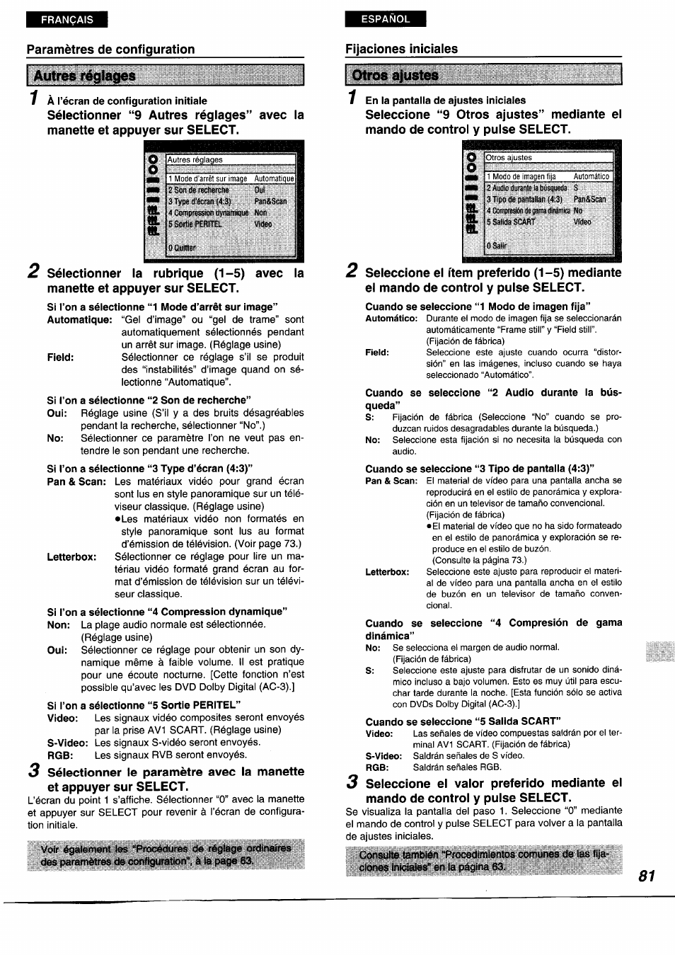 Autres réglages otros ajustes, Te. o, Paramètres de configuration fijaciones iniciales | Panasonic DVDA350 User Manual | Page 81 / 96