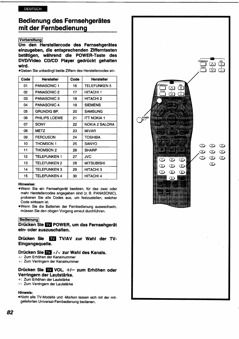 Bedienung des fernsehgerätes mit der fernbedienung | Panasonic DVDA350 User Manual | Page 82 / 96