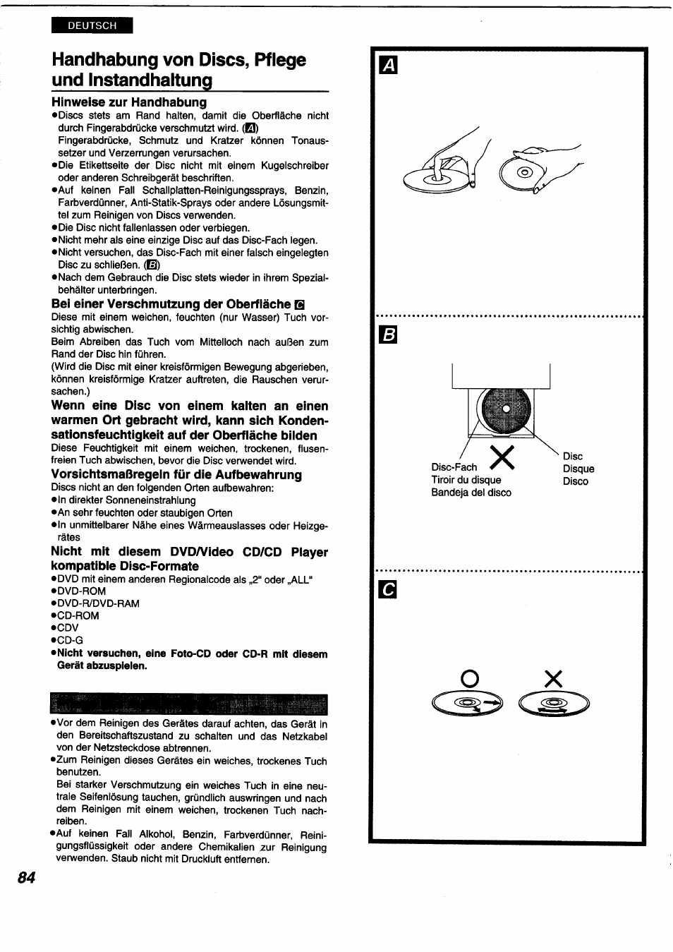 Handhabung von discs, pflege und instandhaltung | Panasonic DVDA350 User Manual | Page 84 / 96
