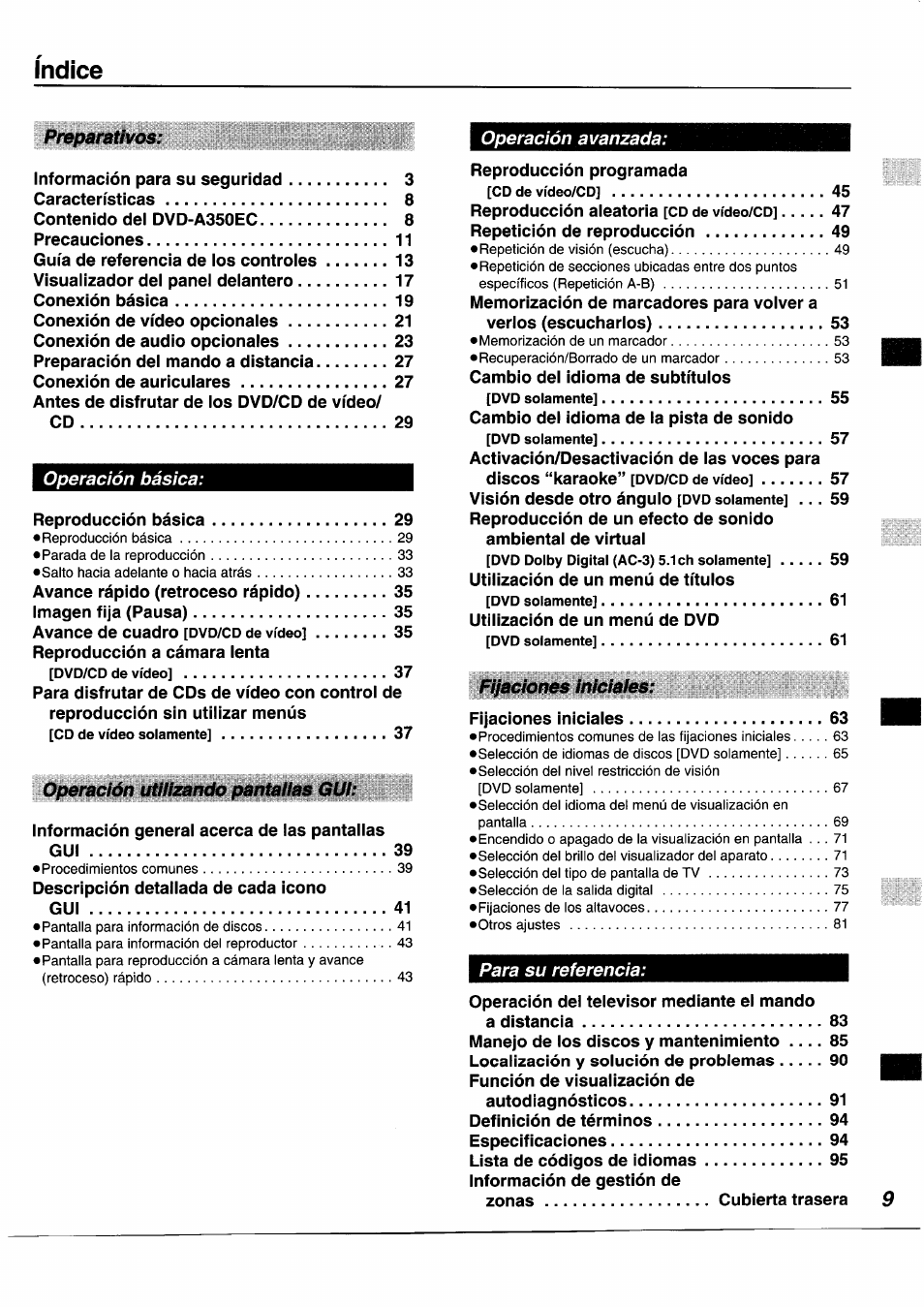 Indice | Panasonic DVDA350 User Manual | Page 9 / 96